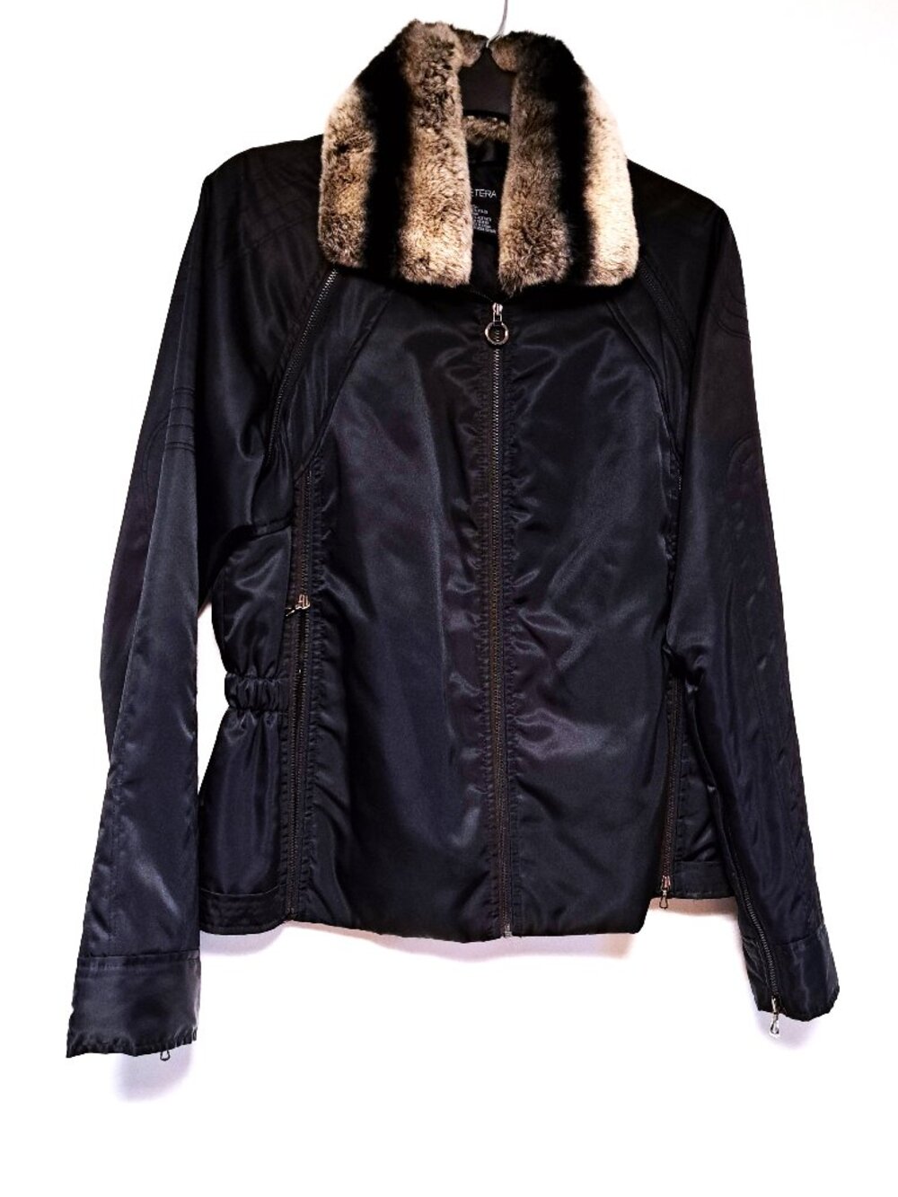 ETCETERA BLACK NYLON JACKET W FUR COLLAR REMOVABLE SLEEVES SIZE 10 ZIPPER FRONT